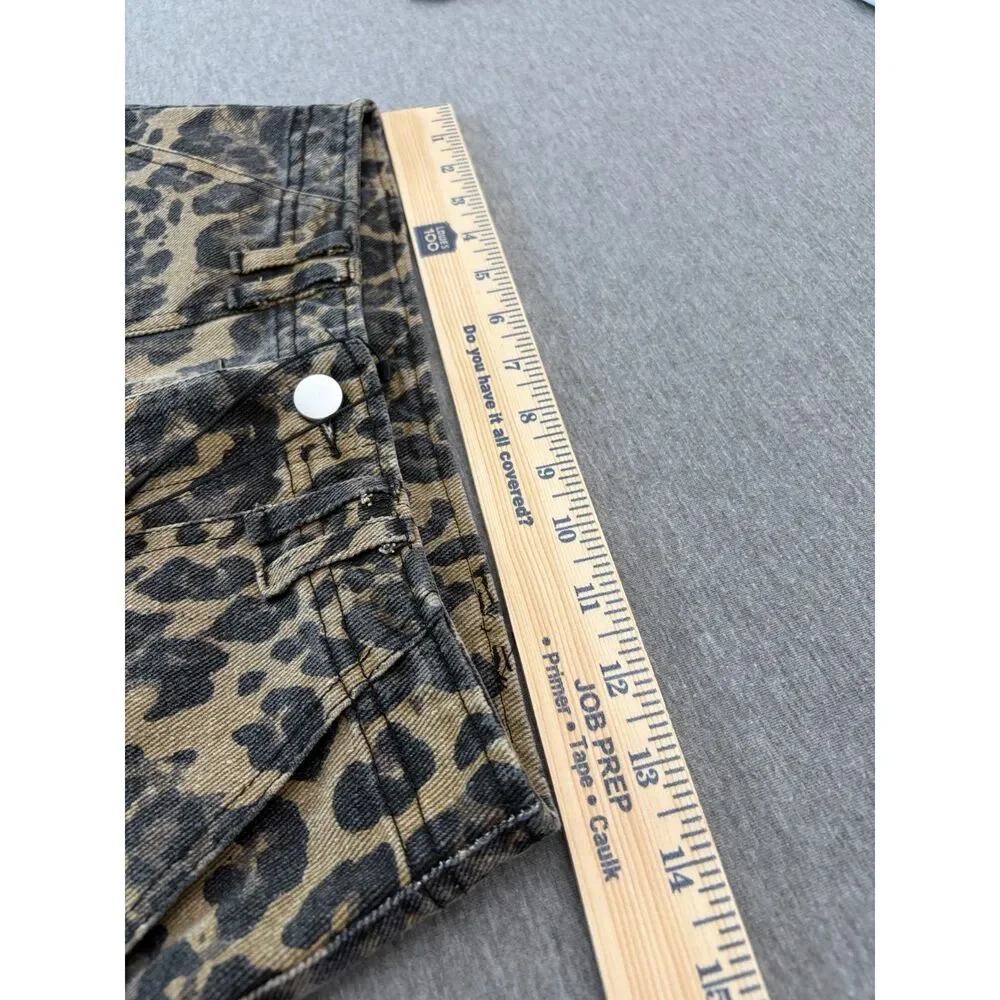 New Y2K Leopard Print Denim Micro Mini Skirt XS Cargo Utility Brown Indie Sleaze